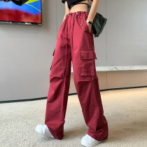 American retro red overalls for women spring and autumn street casual wide-leg pants low-waist jazz dance sweatpants for small people