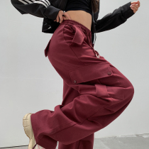 Burgundy overalls womens autumn and winter American retro red wide-leg casual pants loose and slimming leggings sweatpants