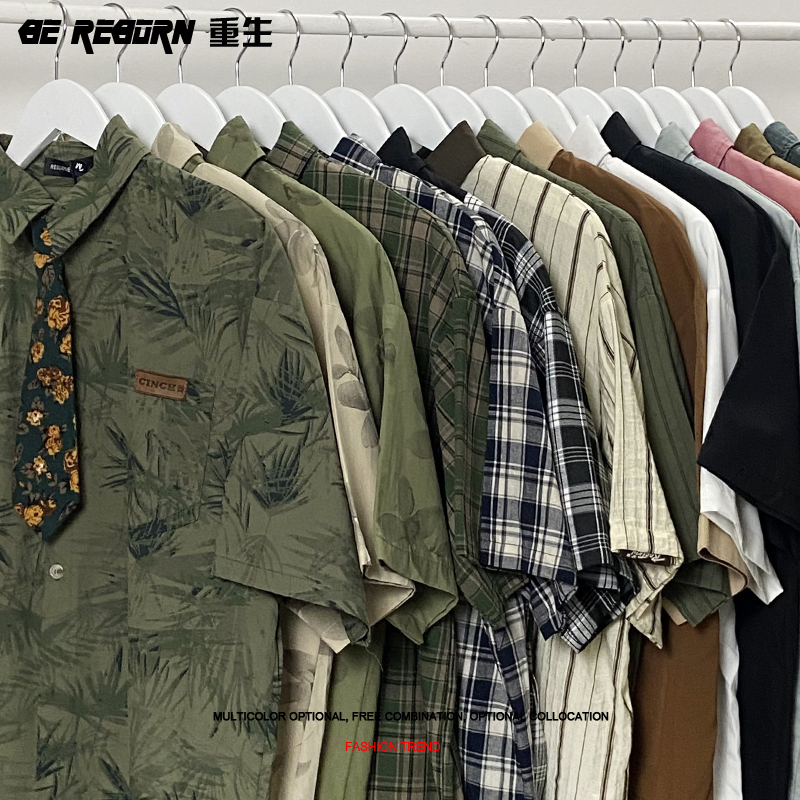 Japanese Retro Short-Sleeved Shirt for Men and Women, Hong Kong Style Floral Trendy Korean Version Niche Design Loose Tie Shirt for Summer