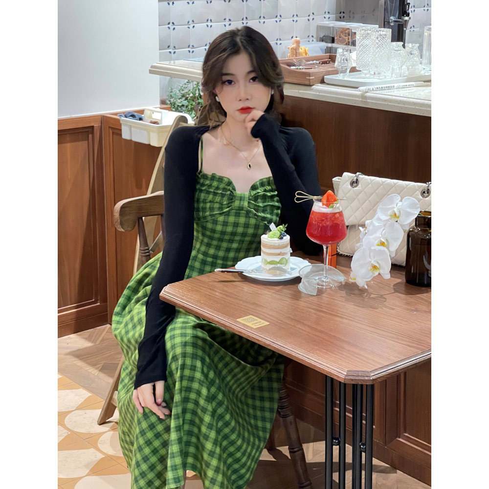 EIA Yiyao (love comprehensive heroine) new Chinese green plaid dress women's summer slip dress two-piece set