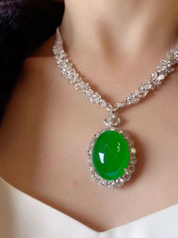 Myanmar Natural A-Grade Jadeite Cabochon Pendant Necklace, Ice Type, Positive Green Jade Pendant, Dual-Use Ring for Women