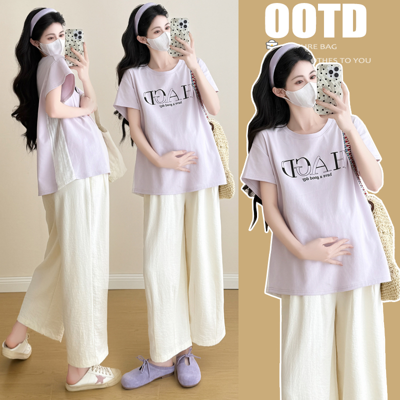 Maternity Wear 2026 New Short-Sleeved T-Shirt Women's Summer Wear Fashionable and Stylish Lace Splicing Loose Belly-Covering Top