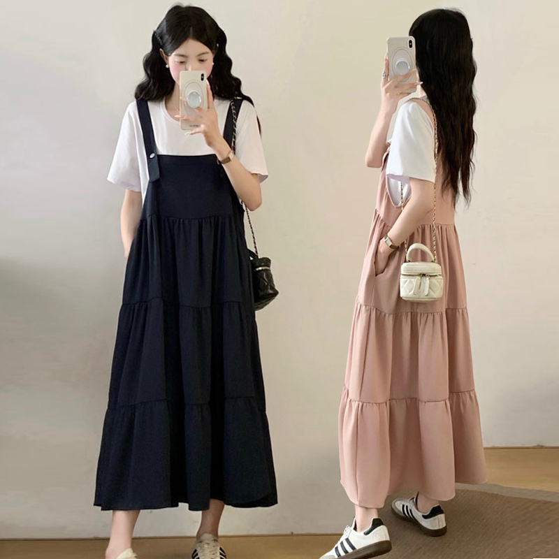 Maternity Summer Dress 2026 New Stylish and Trendy Suspender Dress Summer Tiered Dress Two-Piece Set for a Youthful Look