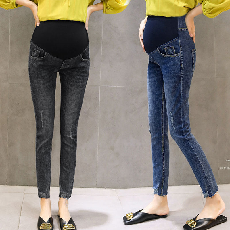 Pregnant women jeans nine short spring and autumn trousers casual hole tide trousers in 2020 new belly pants