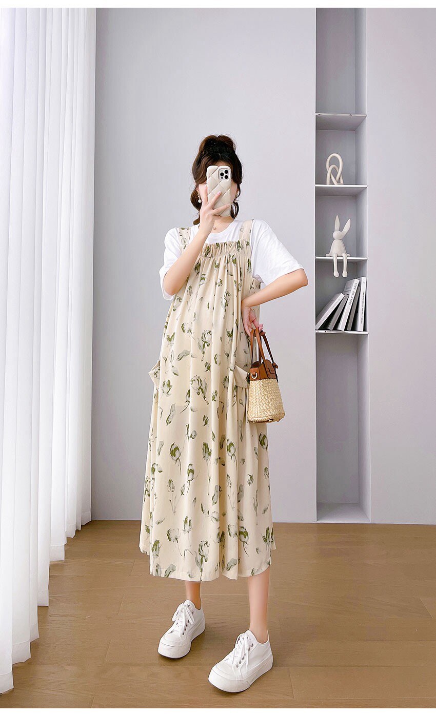 Платье для беременных 孕妇装夏装连衣裙长款雪纺碎花背带裙夏季大码田园风孕晚期吊带裙 OTHER
