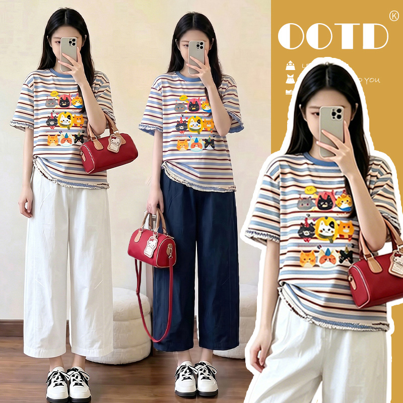 Maternity Summer Outfit Set 2026 New Stylish Cartoon Print Striped Short-Sleeve T-Shirt Summer Loose Two-Piece Set Maternity Summer Outfit Set 2026 New Stylish Cartoon Print Striped Short-Sleeve T-Shirt Summer Loose Two-Piece Set