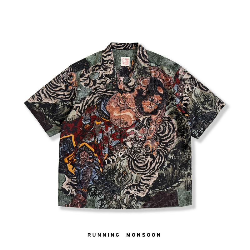 Ren Yinmu San Original Niche Chinese Style Cuban Collar Short-Sleeved Shirt for Men, Printed Floral Shirt, Wu Song Fights the Tiger