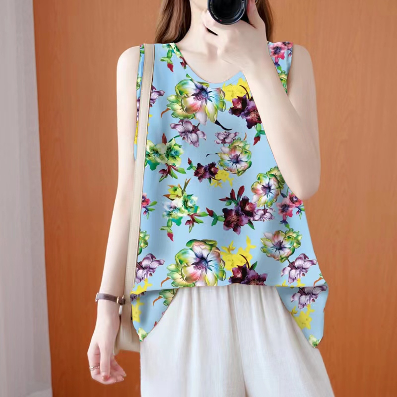 Summer New Style Vest to Cover the Belly, Women's Top, Stylish and Age-Reducing, Round Neck, Sleeveless Shirt, Women's Outerwear, Elegant Printed Trendy Style Summer New Style Vest to Cover the Belly, Women's Top, Stylish and Age-Reducing, Round Neck, Sleeveless Shirt, Women's Outerwear, Elegant Printed Trendy Style