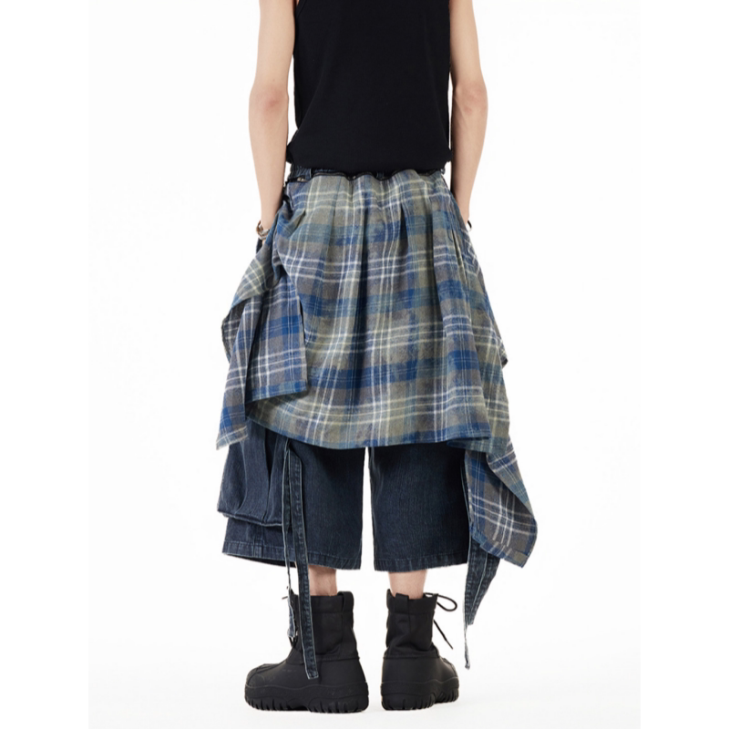 American-Style Detachable Plaid Denim Pants for Men and Women, Summer Ribbon Cropped Pants, Loose Wide-Leg Cargo Shorts