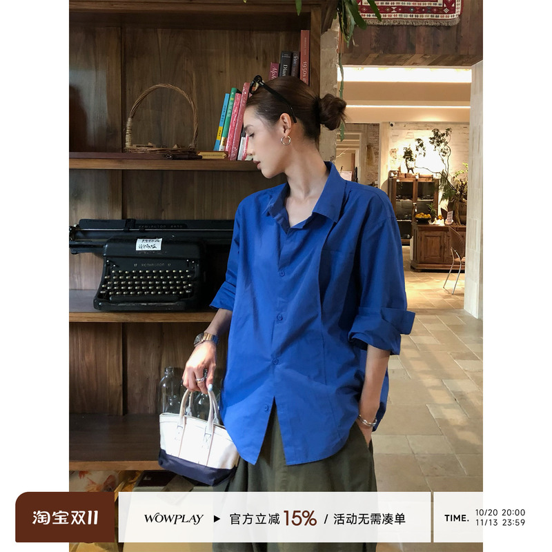 Wowplay Yang Jiqi Klein Blue Shirt Women's Long-Sleeved Autumn Loose Casual Pure Cotton Work Clothing Blue Top Wowplay Yang Jiqi Klein Blue Shirt Women's Long-Sleeved Autumn Loose Casual Pure Cotton Work Clothing Blue Top