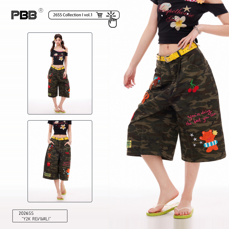 Pbb Cartoon Embroidered Camouflage Multi-Pocket Cropped Pants for Women, Loose Casual Sweet Style High-Waisted Straight Wide-Leg Mid-Length Pants
