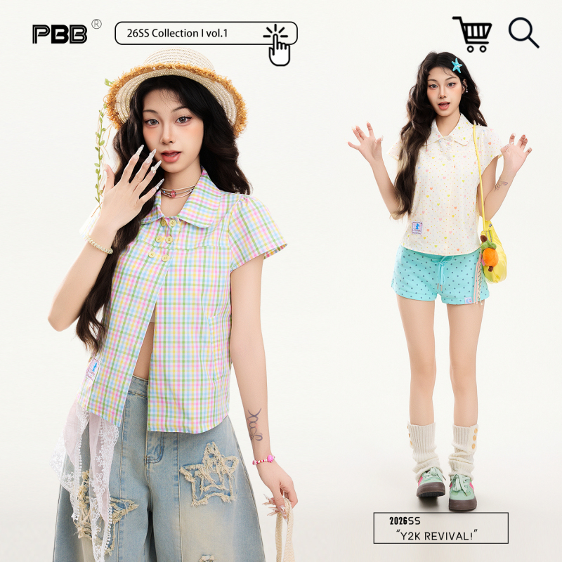 Pbb Stylish Youthful Colorful Plaid Heart Short-Sleeve Shirt for Women, Sweet Girl Japanese Style Outfit Y2K Y2K Short Top