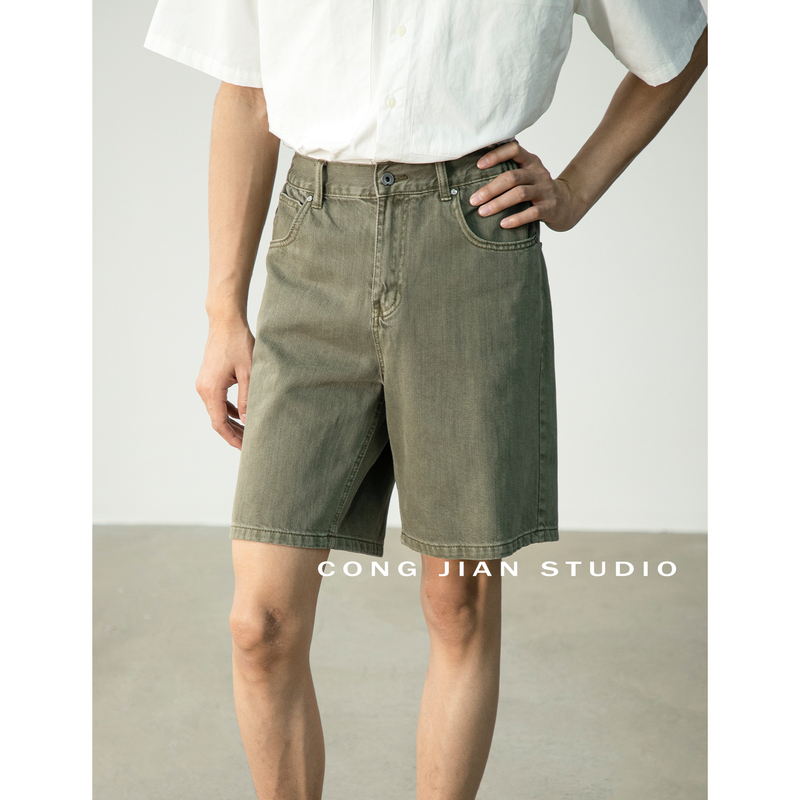 Congjian Pure Cotton Basic Straight Wide Casual Denim Shorts for Men 2026 Summer Army Green Five-Point Pants