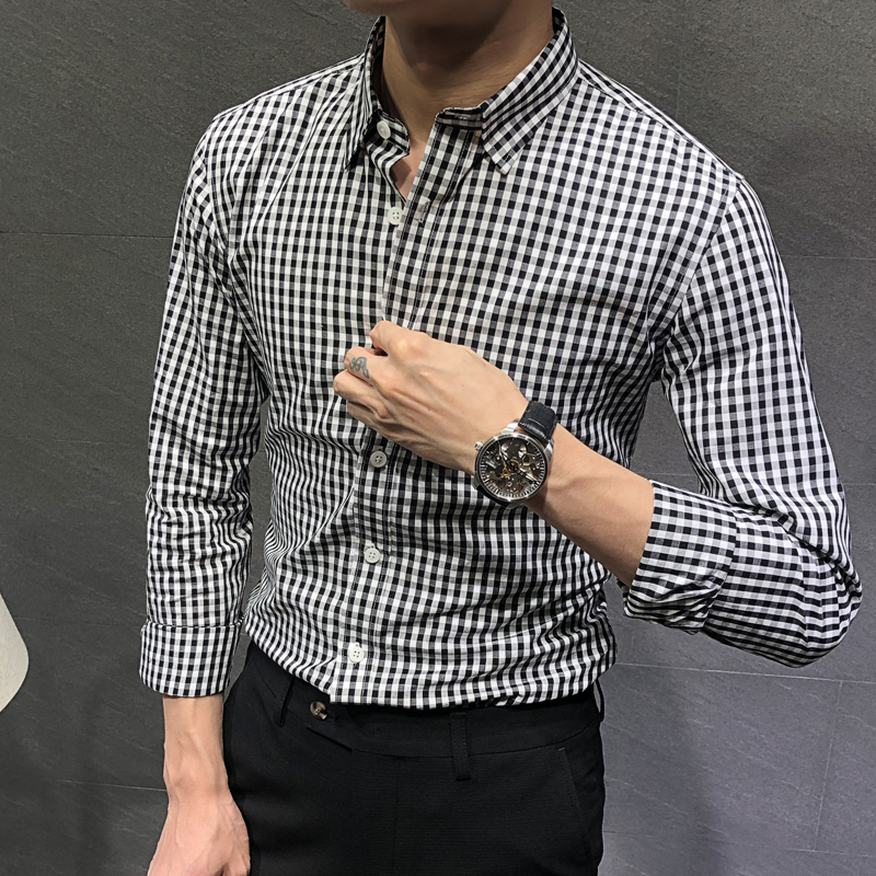New plaid shirt men's long-sleeved autumn handsome black and white small checkered shirt men's Korean version of the slim men's long-sleeved inch shirt
