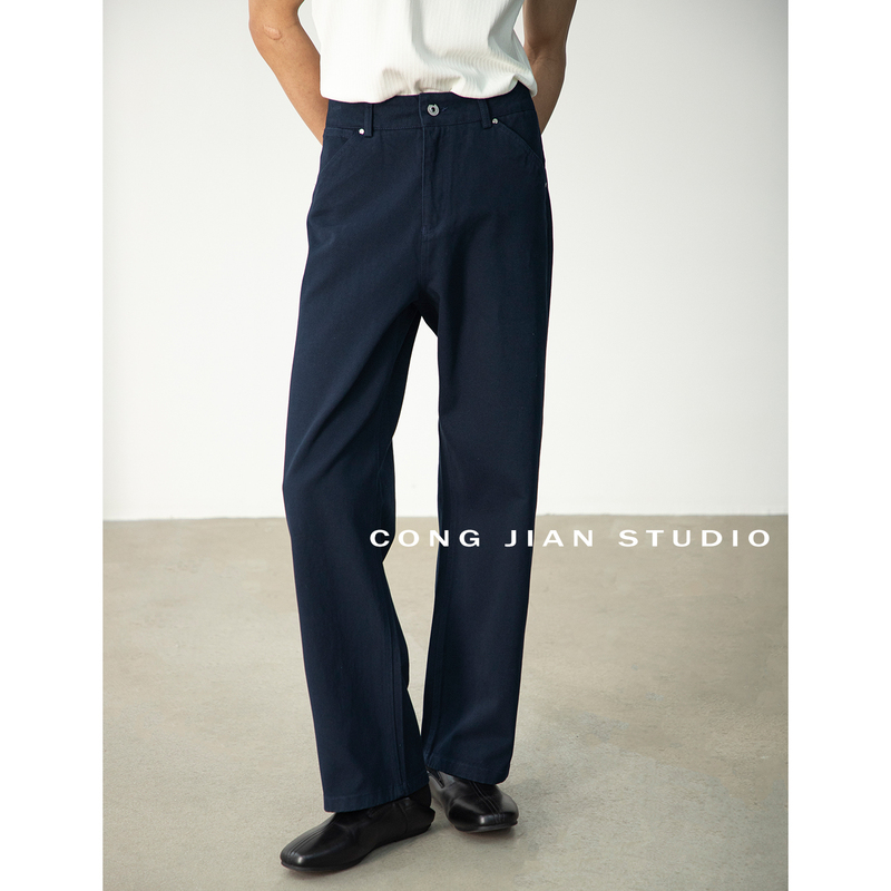 Congjian2026 Spring 100% Pure Cotton Deep Navy Blue Dark Sapphire Blue Straight Casual Pants Men's Long Pants