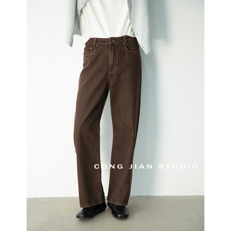 Cj2026 Autumn/Winter 100% Cotton 13oz Vintage Coffee Brown Straight-Leg Jeans for Men, Fitted Mid-Rise Long Pants