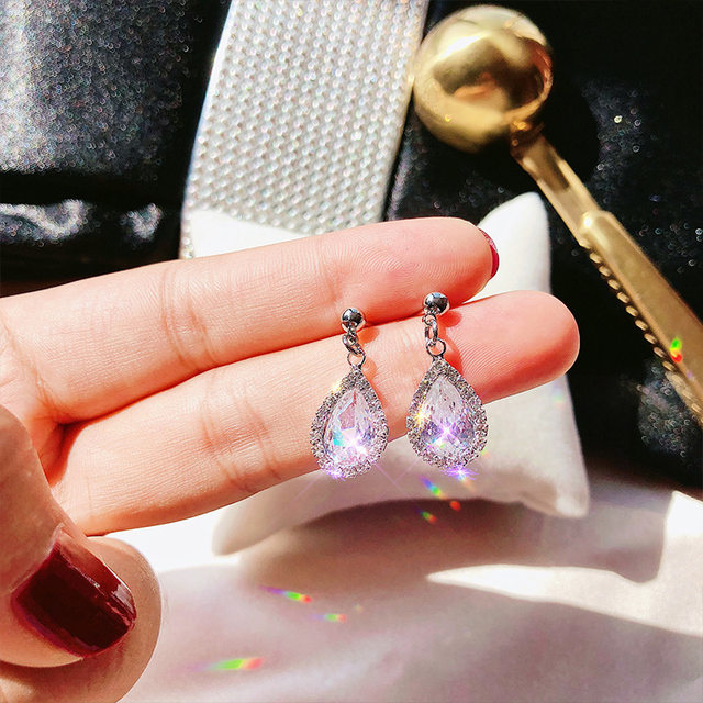 s925 silver needle super flash round zircon crystal long earrings female Korean personality all-match temperament earrings trendy earrings