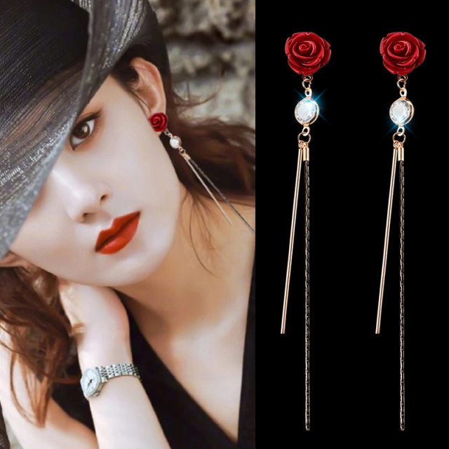 Korean New Year red rose flower earrings female long tassel earrings net celebrity temperament all-match earrings earrings trend