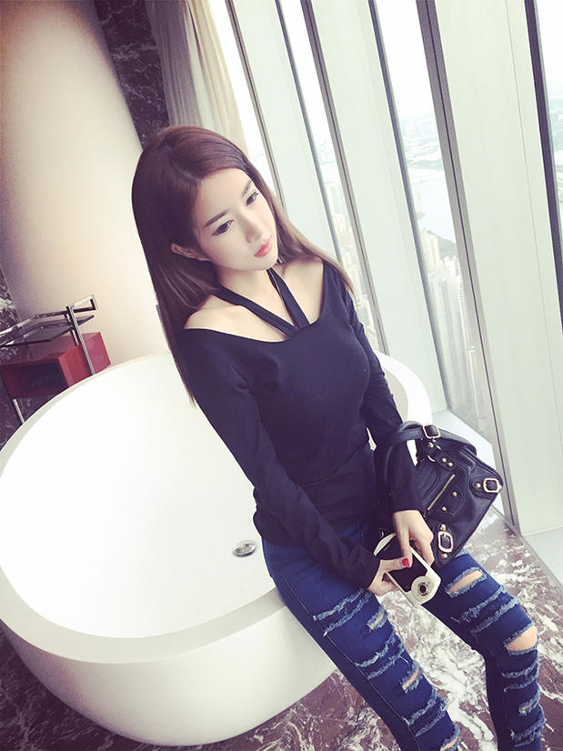 Phụ nữ mùa thu đông quây treo cổ cộng với áo nhung dài tay dày cạp cao size Slim áo ấm hở lưng gợi cảm thủy triều áo phông nữ chất đẹp