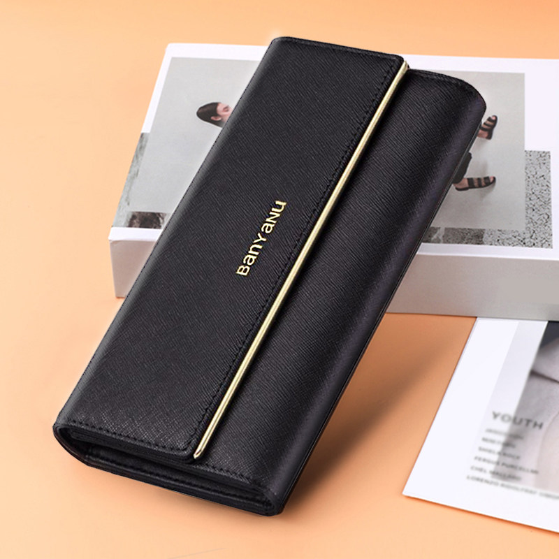 Female Earthen Wallet 2020 New Genuine Leather Triple Fold Atmospheric Fashion Golden Strokes handmade with long version of minimalist folding