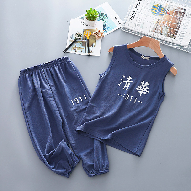 Children's vest suit sleeveless summer slim fit girl cotton linen T-shirt Two sets Baby Peking University Tsinghua Tong clothes