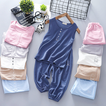 Children Ice Silk Cotton Linen Suit Anti-mosquito Pants Summer Boy Girl Vest Pyjamas Baby Air Conditioning Home Clothing Two Sets Thin