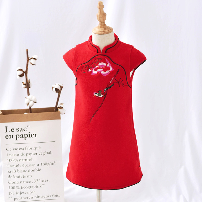 Girl Foreign Dress Winter Dress Thickened Subskirt Children New Year Dress Cheongsam Dress Little Girl Big Red Chinese dresses