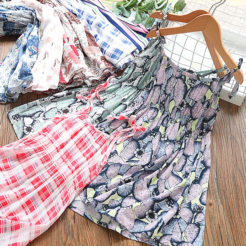 Girl Harness Ocean Dress 2022 Summer New Children Crumbed Beach Ice Silk Cotton Silk Baby Sleeveless Princess Dress