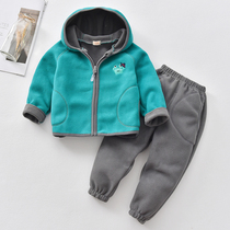 Children shake-grain suede suit male and female sports clothes Two sets thickened baby spring autumn grip suede jacket loose and warm