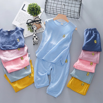 Childrens ice silk suit CUHK child cotton linen air conditioning suit pyjamas male and female child vest pants summer clothing two sets
