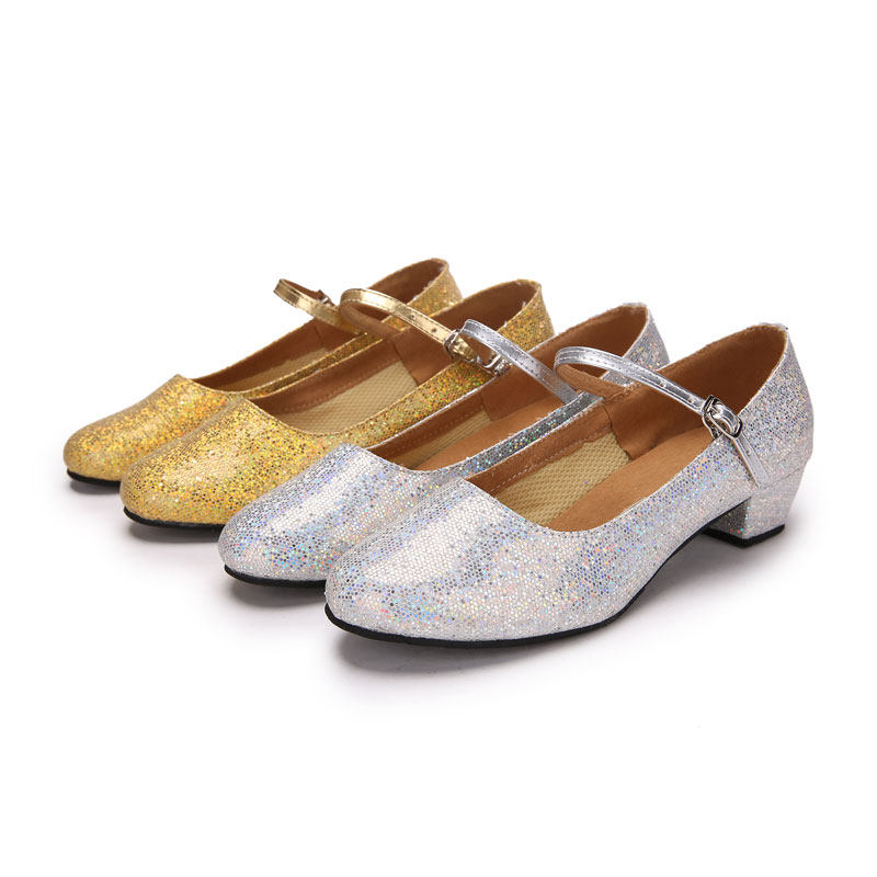 Children Latin dance shoes female style flat heel dance shoes toddlers soft-bottom sequins dancing shoes girls low heel training school