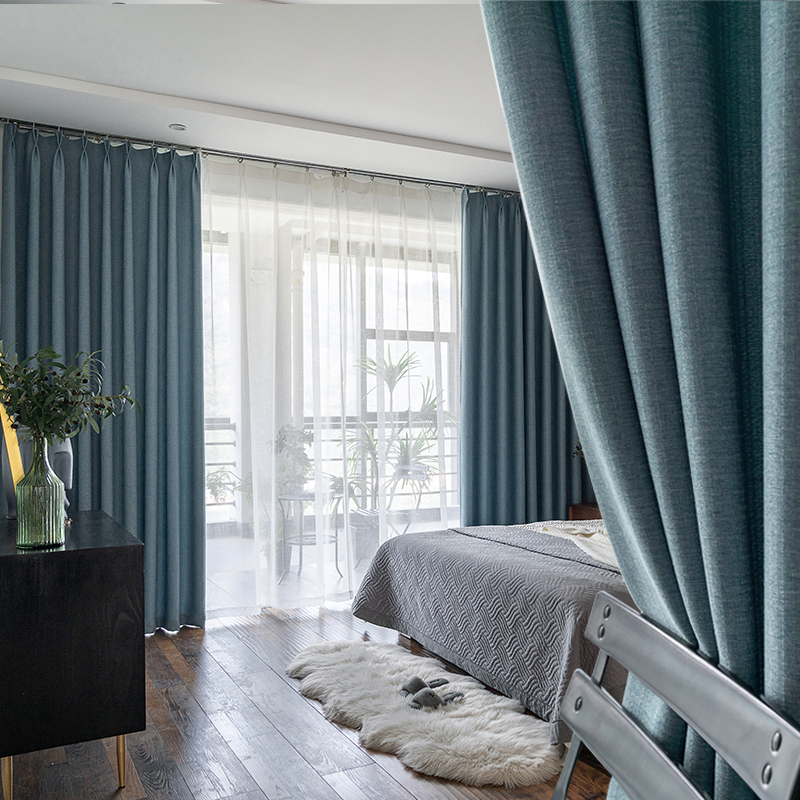 New Nordic modern minimalist grid pure colour thickened environmentally-friendly full shading cloth curtain living room bedroom finished product customization