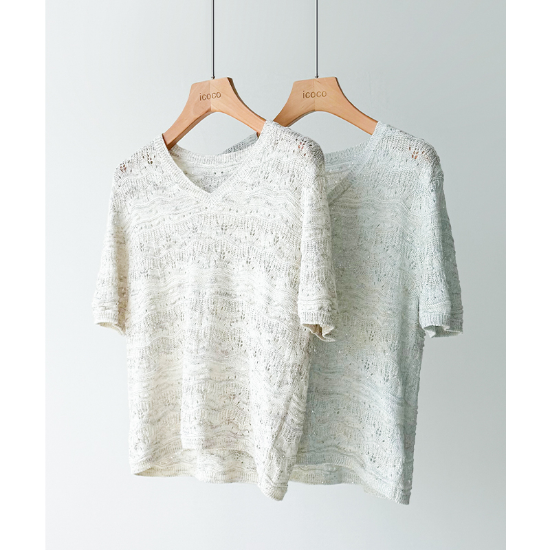 Trade Company Pp Yarn! Herbalife Linen + Cotton! Heavy Sequin Cut-Out V-Neck Short-Sleeve Knit Top for Spring and Summer