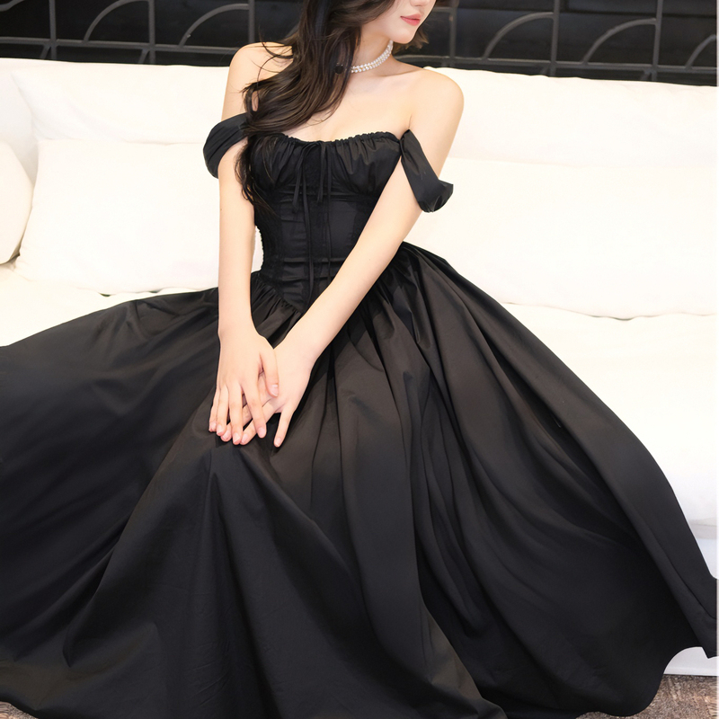 Dana Black Hepburn-Style Long Dress with Fishbone Waist-Cinching, Slimming Women's Dress, Birthday Dress, Spaghetti Strap A-Line Dress Dana Black Hepburn-Style Long Dress with Fishbone Waist-Cinching, Slimming Women's Dress, Birthday Dress, Spaghetti Strap A-Line Dress