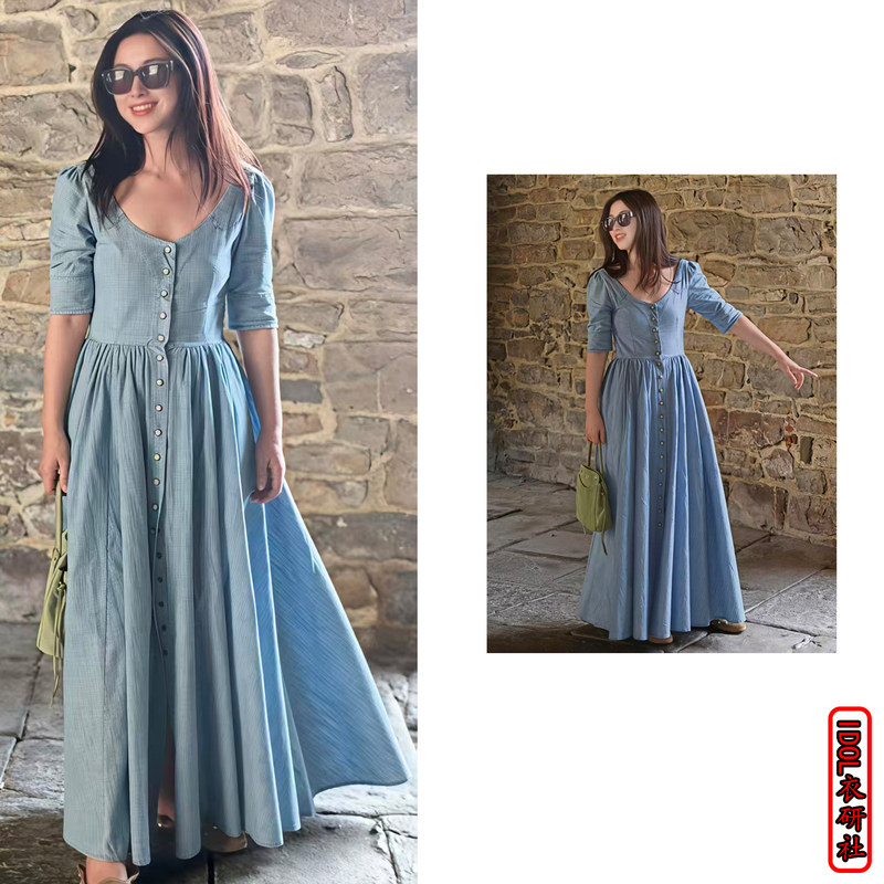 Zhu Zhu's Same Style Light Blue U-Neck Single-Breasted Stage Long A-Line Women's 2026 New High-Quality Dress, Cool and Comfortable