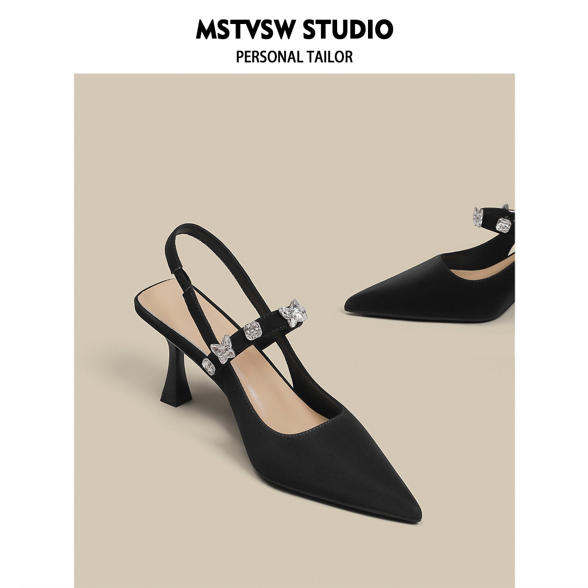 Ya Pavilion Pointed Water Drill High Heel Shoe Black Temperament Sexy Style Baotou Sandal Sandal Rear Empty Fine Heel Single Shoes-Taobao