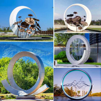 Large stainless steel moon abstract hollow lotus waterscape ring luminous spray flowing water landscape sculpture customization