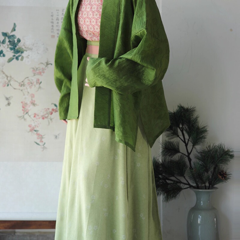 【One Leaf Gets Rich Little Bean Green】Xiciji Bean Green Ice Cracked Pattern Print Skirt Daily Commuting Hanfu Half Skirt