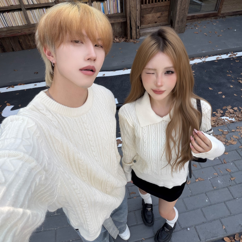 Couple's Autumn Clothing 2026 New Korean Style Loose Round Neck Pullover Sweater Lazy Style Polo Collar Cable Knit Sweater Couple's Autumn Clothing 2026 New Korean Style Loose Round Neck Pullover Sweater Lazy Style Polo Collar Cable Knit Sweater