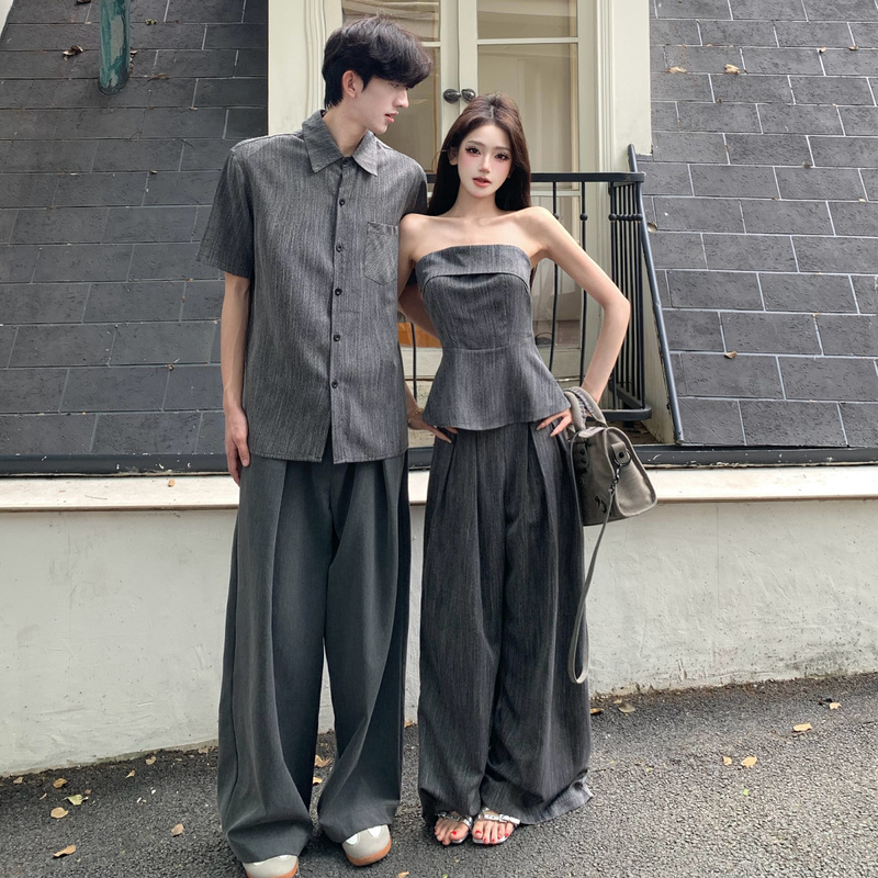 Couple's High-End Outfit Set, One Top and One Skirt, Summer Shirt, High-End Tube Top, High-Waisted Straight-Leg Wide-Leg Suit for Women