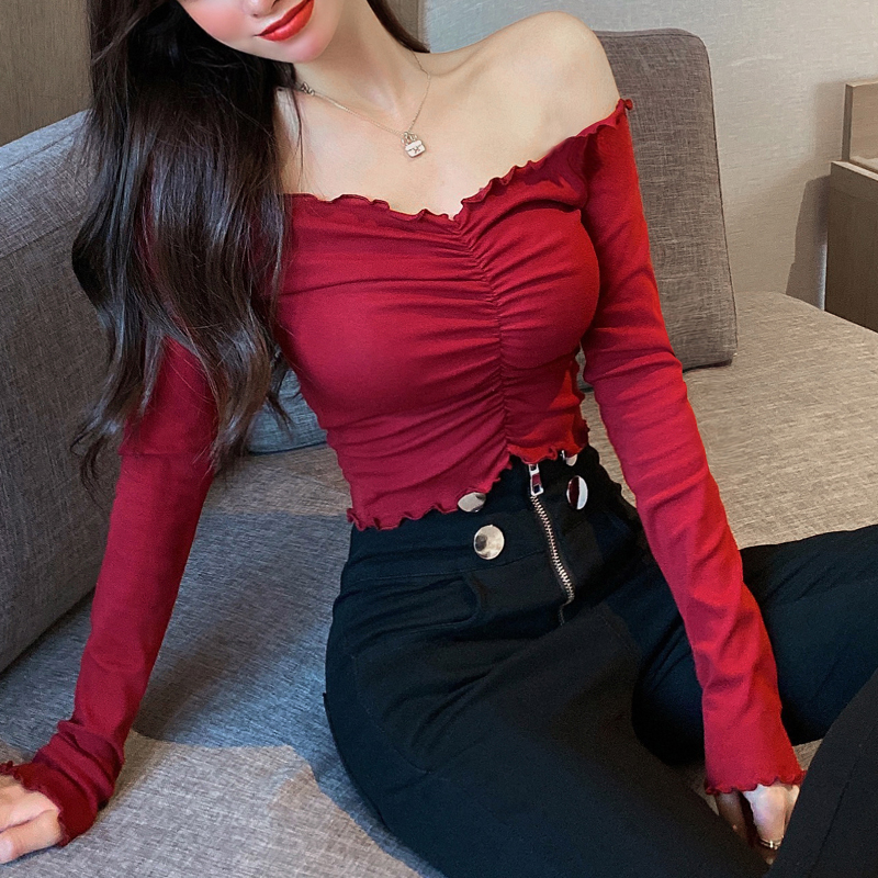 Tight-Fitting Crop Top for Women, Long-Sleeved, Unique Style, Off-Shoulder, Revealing Navel, Trendy Base Layer T-Shirt Tight-Fitting Crop Top for Women, Long-Sleeved, Unique Style, Off-Shoulder, Revealing Navel, Trendy Base Layer T-Shirt
