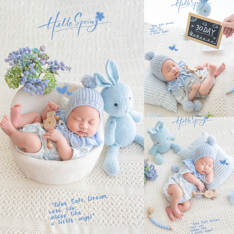 Newborn Full-Month Home Photography Outfit Blue Knitted Hat Fresh Style Home Documentary Props Children's Photography Clothing Newborn Full-Month Home Photography Outfit Blue Knitted Hat Fresh Style Home Documentary Props Children's Photography Clothing