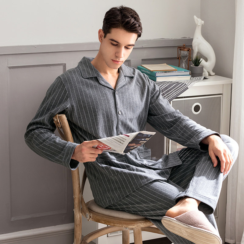 Fenton Pajamas Men's Autumn and Winter Pure Cotton Simple Cardigan Striped Long Sleeve Young Men's Cotton Casual Homewear Set