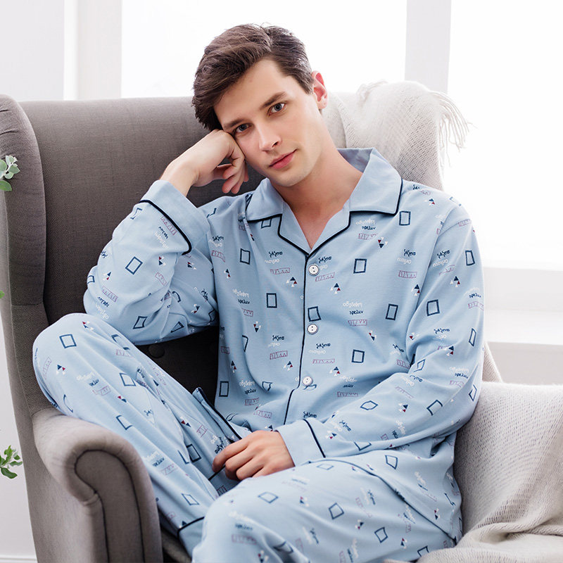 Fenteng new autumn and winter pajamas men's cotton long sleeve cardigan home clothes men's knitted cotton simple home set