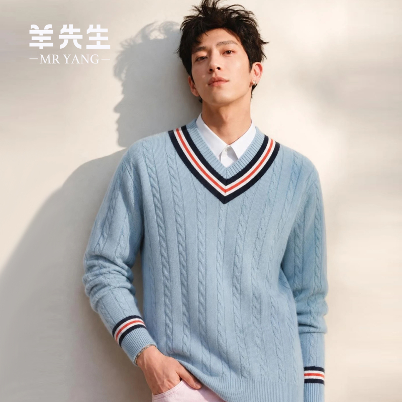 Youth Retro College Style V-Neck Cable-Knit Cashmere Sweater for Men, 100% Pure Cashmere, Color-Blocked Striped Knitwear, Blue Sweater Youth Retro College Style V-Neck Cable-Knit Cashmere Sweater for Men, 100% Pure Cashmere, Color-Blocked Striped Knitwear, Blue Sweater