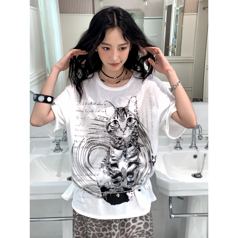 Chemistry Girl "Flash Frame Cat Shadow" Retro Cat Print Loose-Fitting Drop-Shoulder Short-Sleeve T-Shirt, Skin-Friendly and Breathable Top