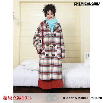 化学少女「绒梦假日」大格纹牛角扣连帽羊毛大衣女新款毛呢外套