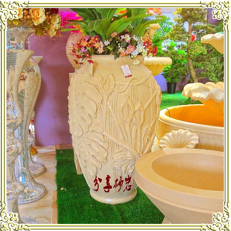 Share sandstone flower pot sculpture sandstone relief garden community courtyard hotel indoor and outdoor decoration banana leaf flower pot