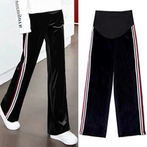 Maternity pants Spring and autumn straight pants Vertical velvet mesh red pants Autumn and winter velvet thickened fashionable warm wide-legged pants