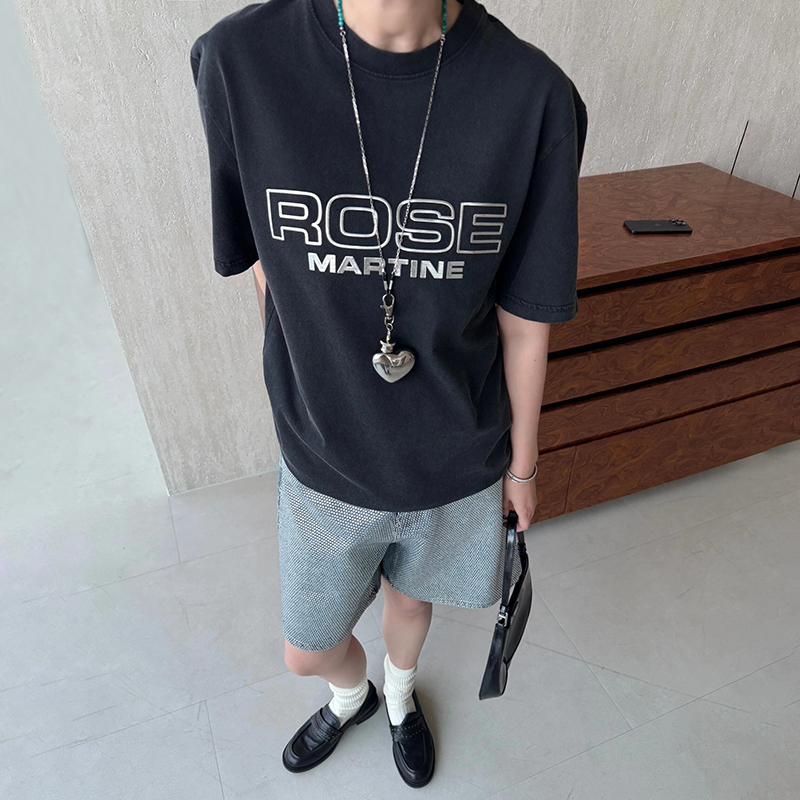 Martine Rose Three-Dimensional Metal Slogan Short-Sleeved Washed Vintage Casual Loose Round Neck T-Shirt Top for Summer